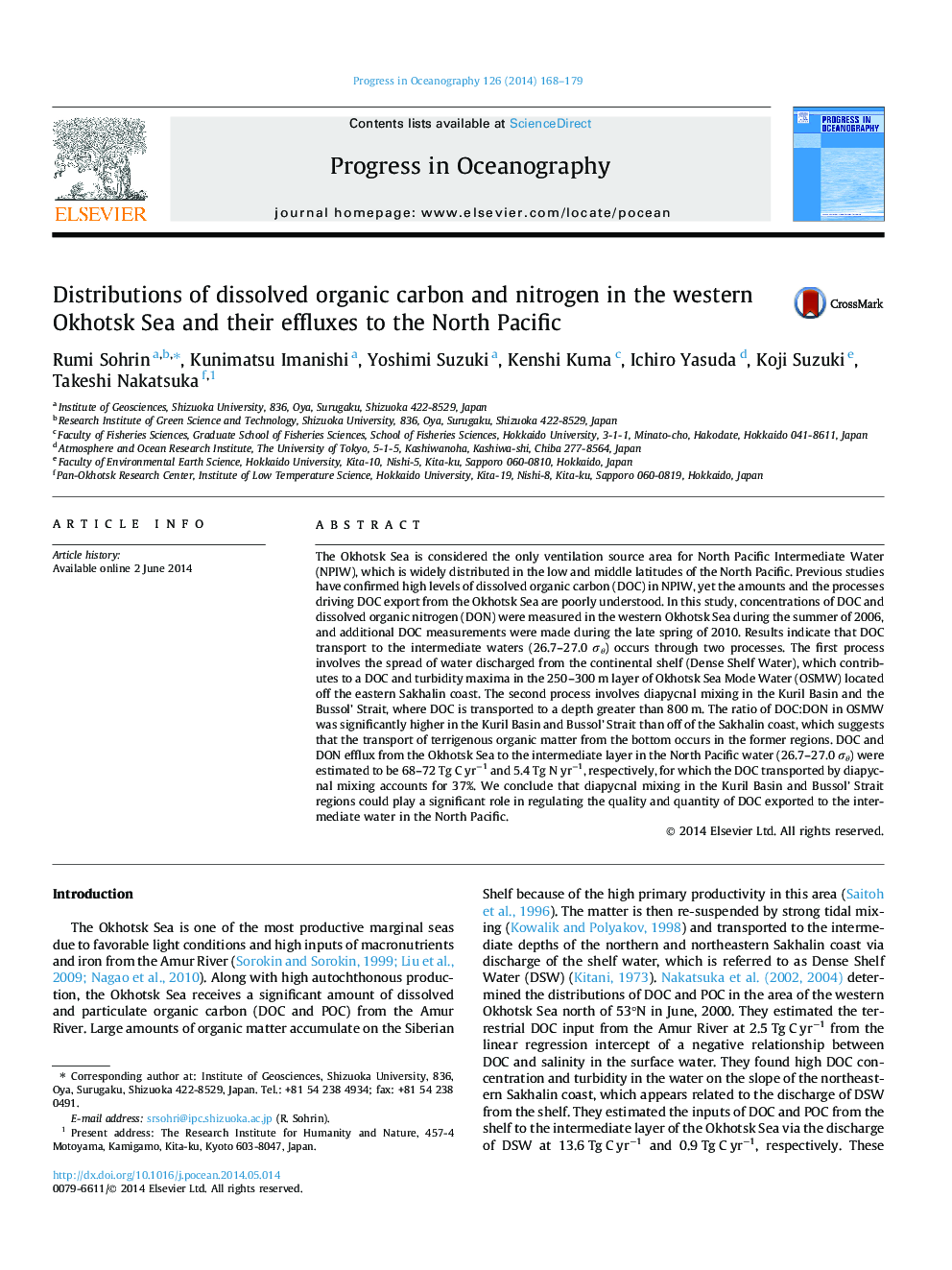 Distributions of dissolved organic carbon and nitrogen in the western Okhotsk Sea and their effluxes to the North Pacific