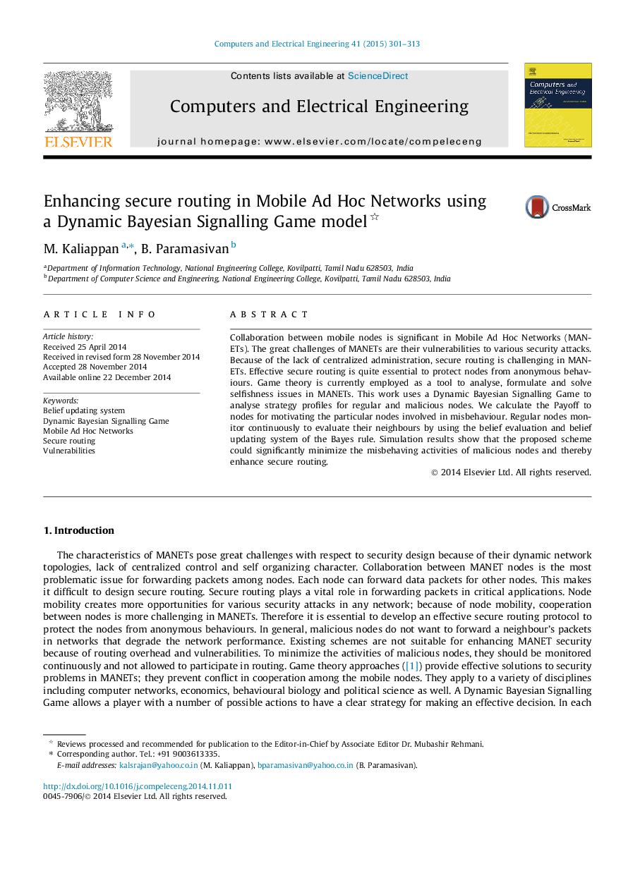 Enhancing secure routing in Mobile Ad Hoc Networks using a Dynamic Bayesian Signalling Game model 