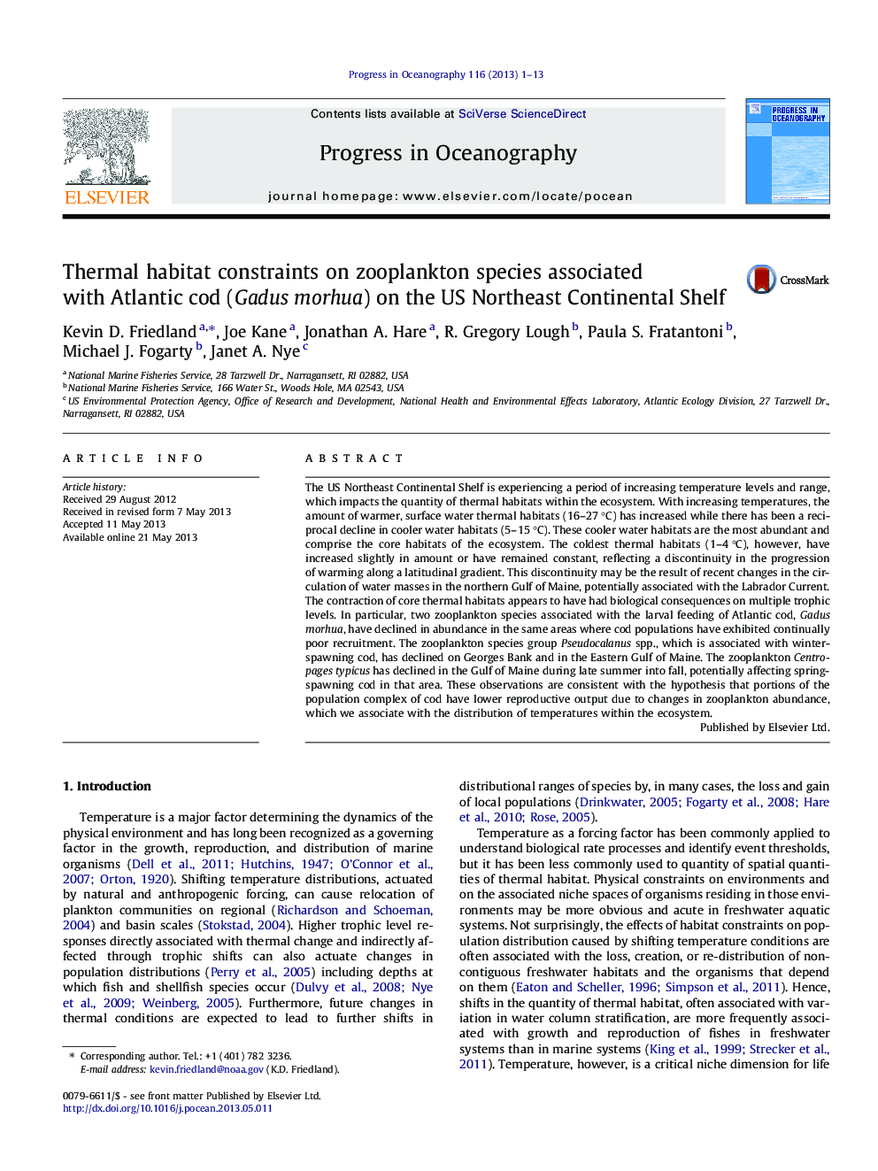 Thermal habitat constraints on zooplankton species associated with Atlantic cod (Gadus morhua) on the US Northeast Continental Shelf