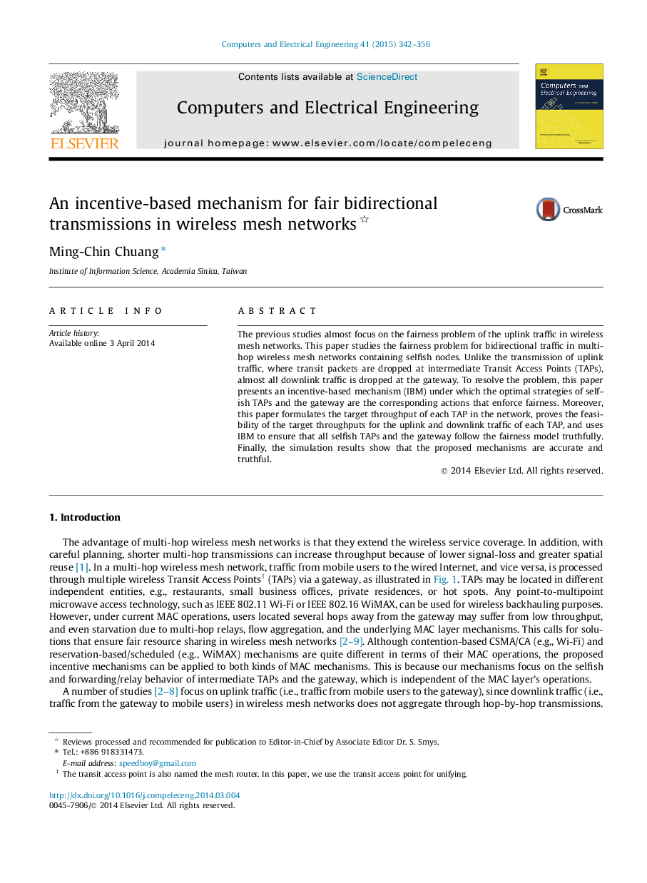 An incentive-based mechanism for fair bidirectional transmissions in wireless mesh networks 