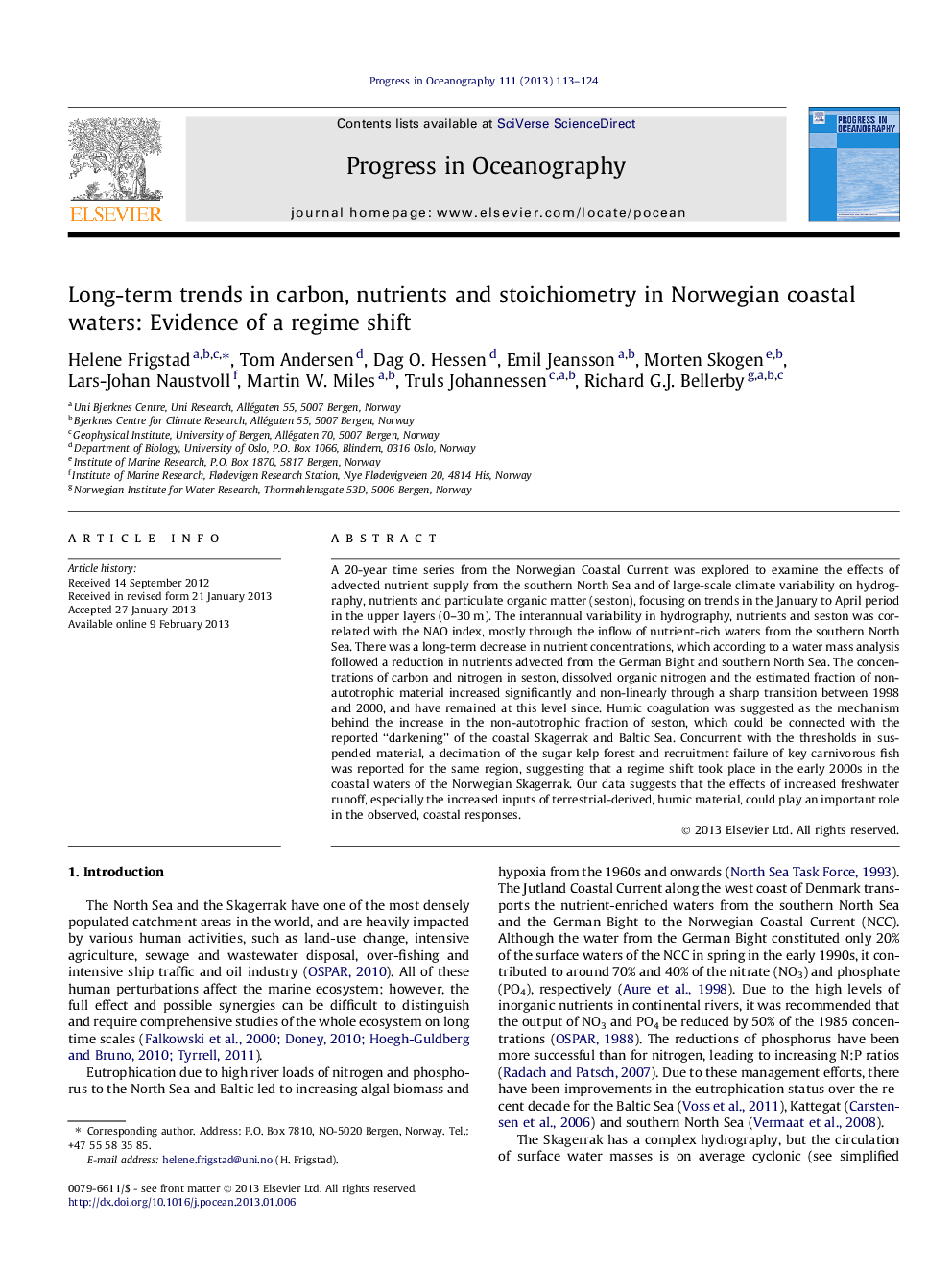 Long-term trends in carbon, nutrients and stoichiometry in Norwegian coastal waters: Evidence of a regime shift