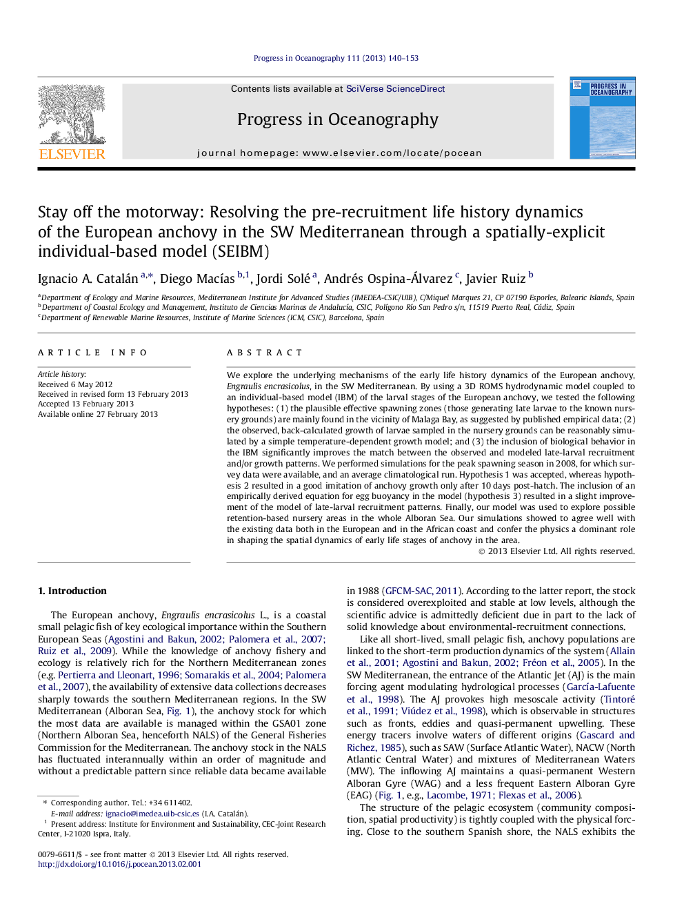 Stay off the motorway: Resolving the pre-recruitment life history dynamics of the European anchovy in the SW Mediterranean through a spatially-explicit individual-based model (SEIBM)