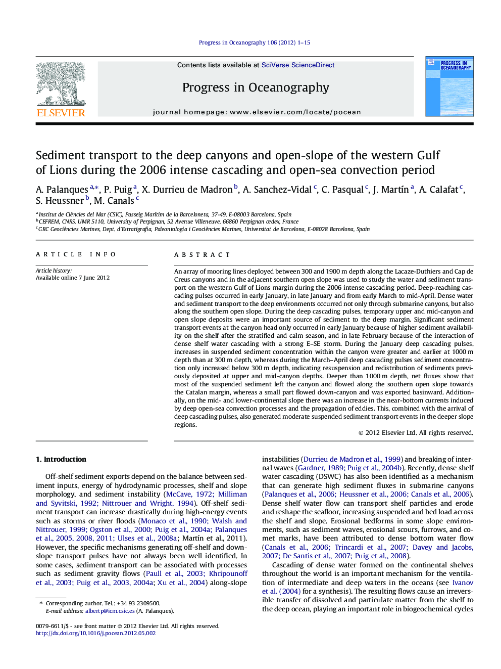 Sediment transport to the deep canyons and open-slope of the western Gulf of Lions during the 2006 intense cascading and open-sea convection period