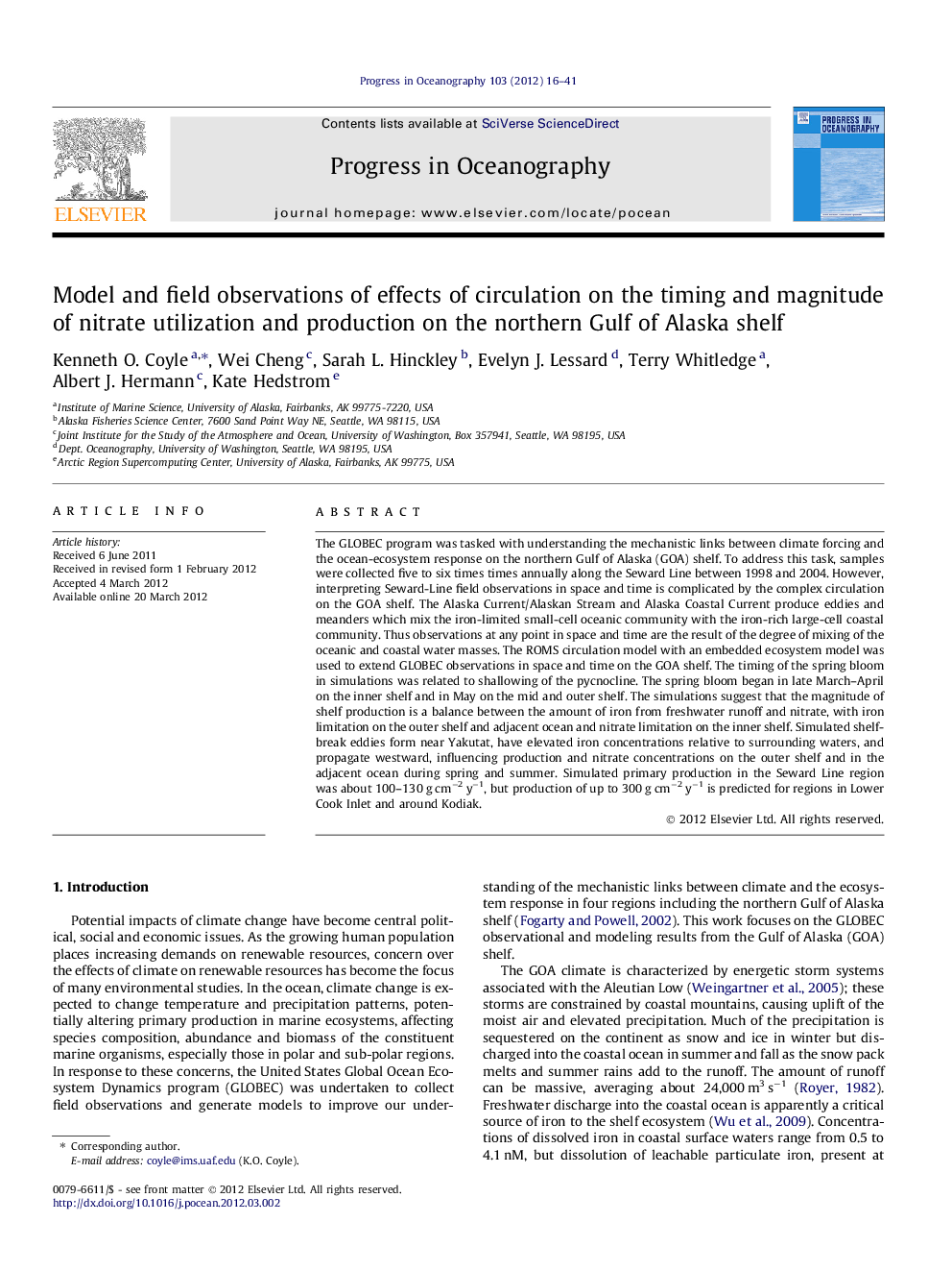 Model and field observations of effects of circulation on the timing and magnitude of nitrate utilization and production on the northern Gulf of Alaska shelf