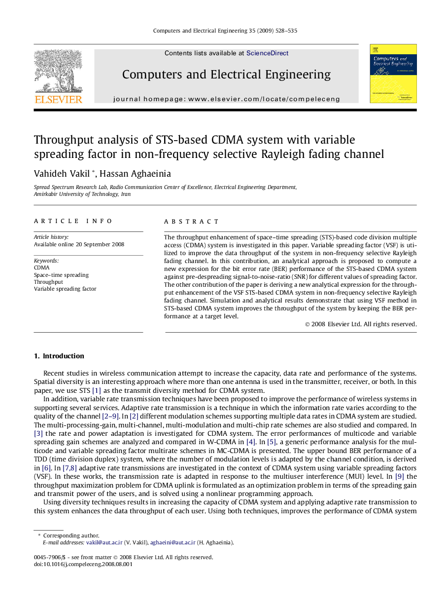 Throughput analysis of STS-based CDMA system with variable spreading factor in non-frequency selective Rayleigh fading channel