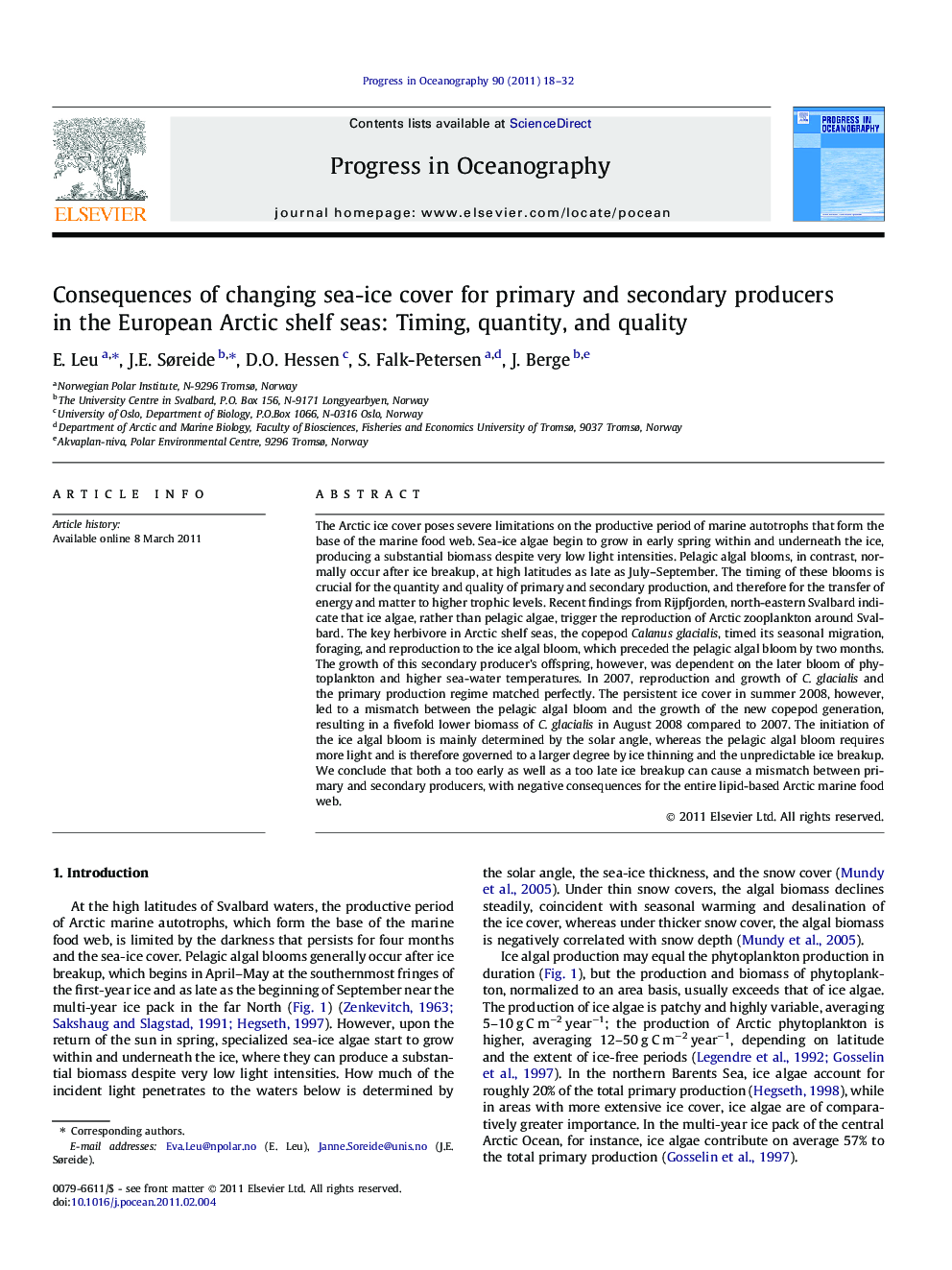 Consequences of changing sea-ice cover for primary and secondary producers in the European Arctic shelf seas: Timing, quantity, and quality