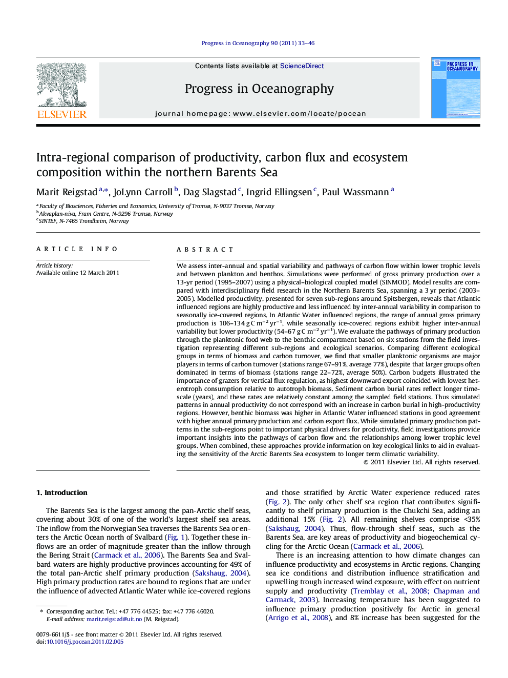Intra-regional comparison of productivity, carbon flux and ecosystem composition within the northern Barents Sea