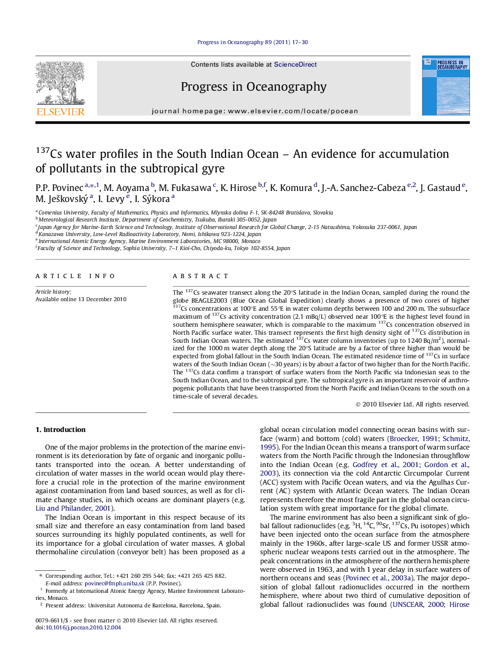 عکس صفحه اول مقاله: 137Cs water profiles in the South Indian Ocean - An evidence for accumulation of pollutants in the subtropical gyre 137Cs water profiles in the South Indian Ocean - An evidence for accumulation of pollutants in the subtropical gyre