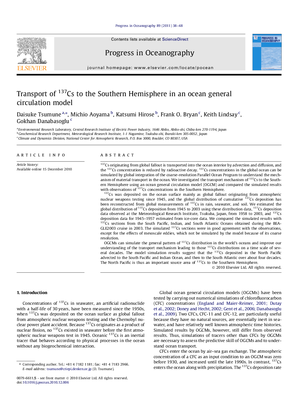 عکس صفحه اول مقاله: Transport of 137Cs to the Southern Hemisphere in an ocean general circulation model Transport of 137Cs to the Southern Hemisphere in an ocean general circulation model