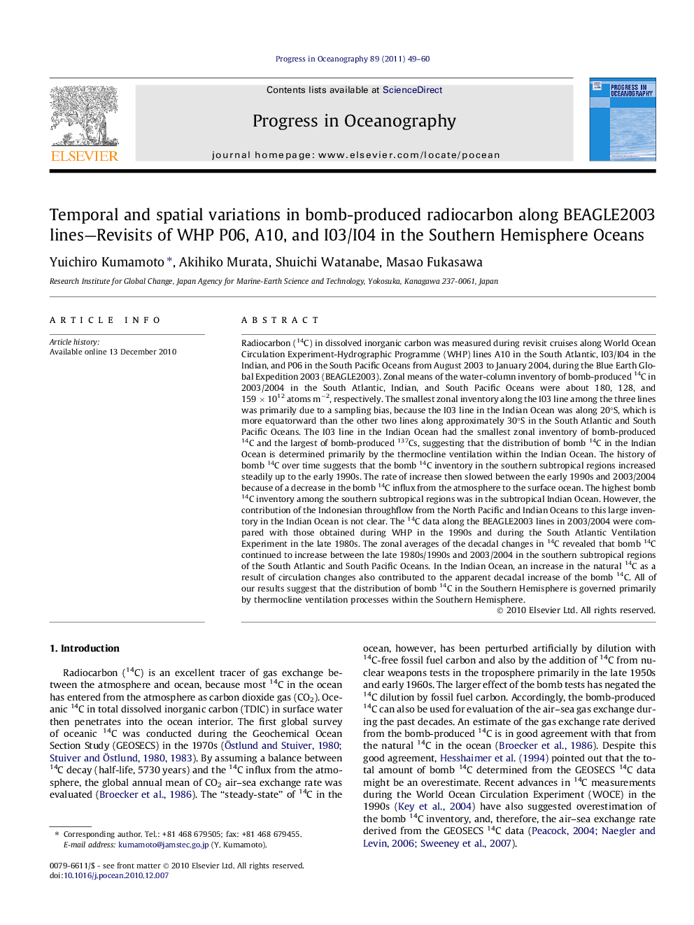 عکس صفحه اول مقاله: Temporal and spatial variations in bomb-produced radiocarbon along BEAGLE2003 lines—Revisits of WHP P06, A10, and I03/I04 in the Southern Hemisphere Oceans Temporal and spatial variations in bomb-produced radiocarbon along BEAGLE2003 lines—Revisits of WHP P06, A10, and I03/I04 in the Southern Hemisphere Oceans