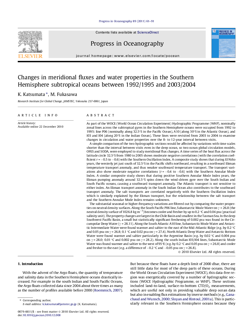 عکس صفحه اول مقاله: Changes in meridional fluxes and water properties in the Southern Hemisphere subtropical oceans between 1992/1995 and 2003/2004 Changes in meridional fluxes and water properties in the Southern Hemisphere subtropical oceans between 1992/1995 and 2003/2004