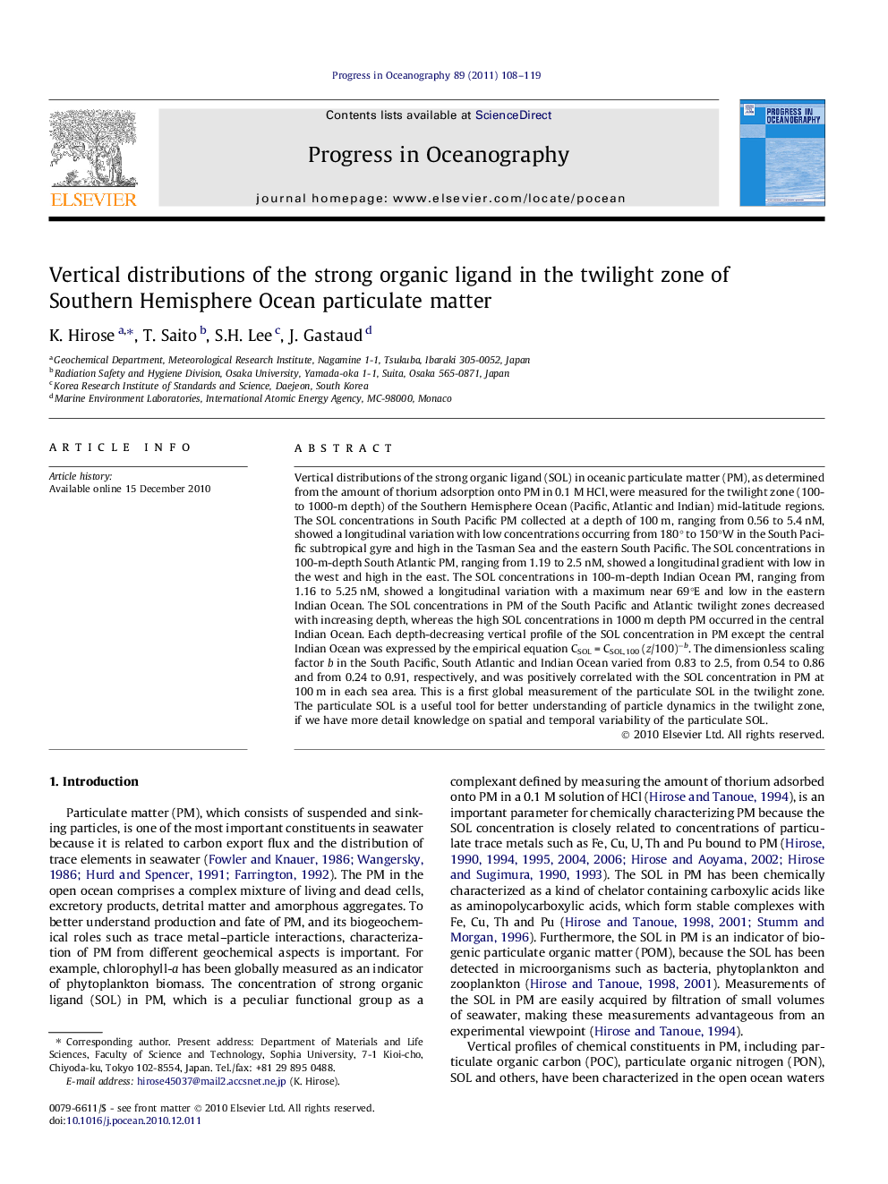 عکس صفحه اول مقاله: Vertical distributions of the strong organic ligand in the twilight zone of Southern Hemisphere Ocean particulate matter Vertical distributions of the strong organic ligand in the twilight zone of Southern Hemisphere Ocean particulate matter