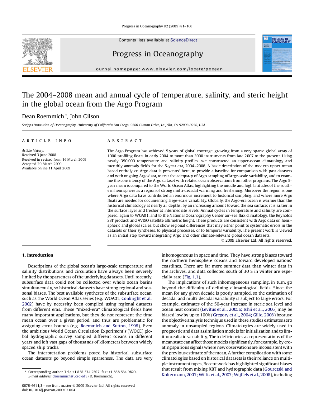 The 2004–2008 mean and annual cycle of temperature, salinity, and steric height in the global ocean from the Argo Program