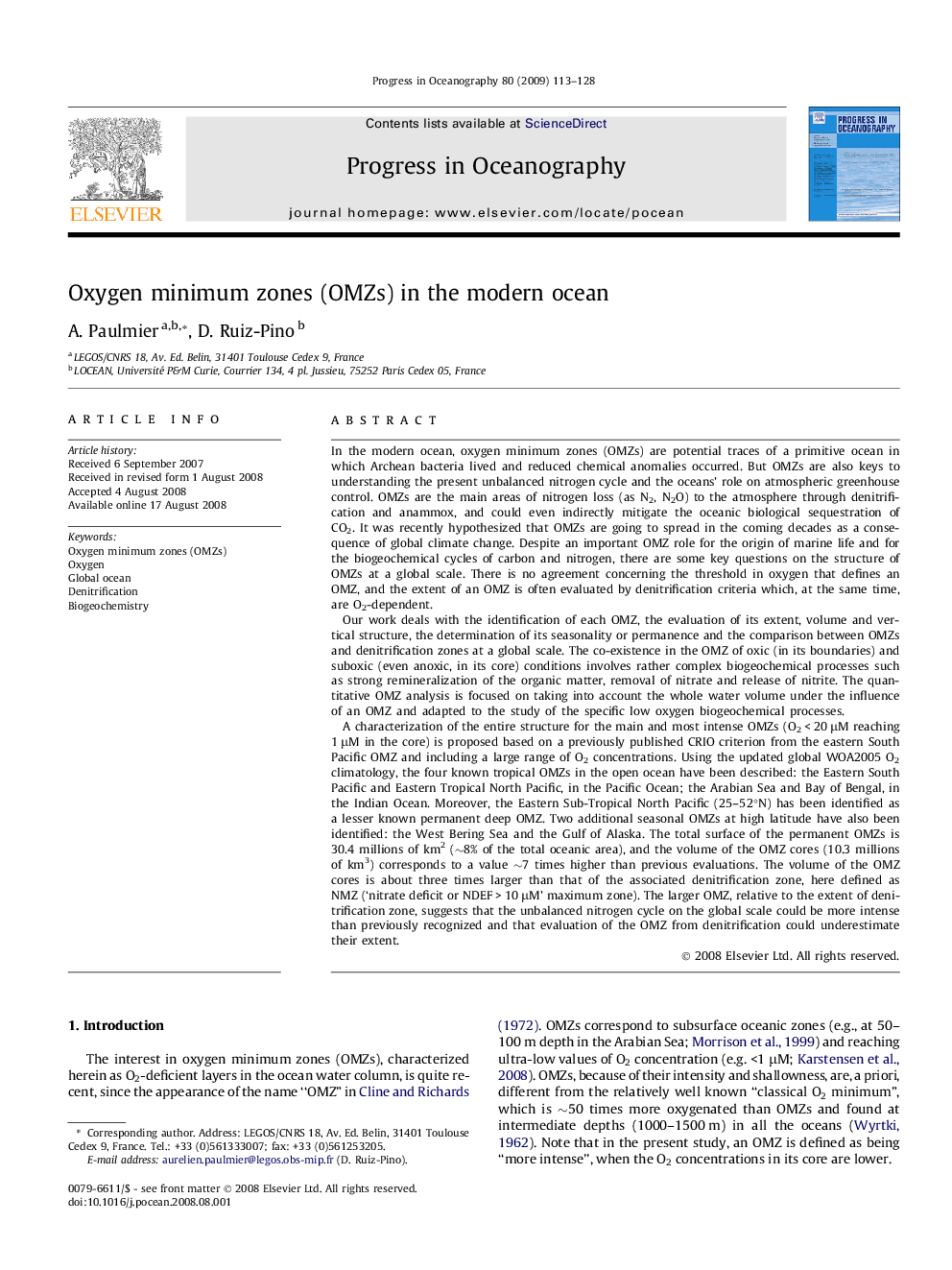 Oxygen minimum zones (OMZs) in the modern ocean