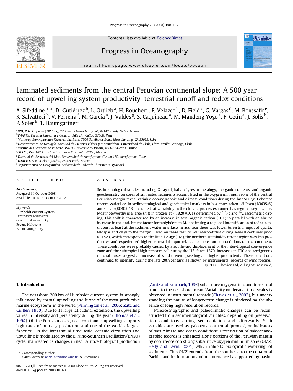 Laminated sediments from the central Peruvian continental slope: A 500 year record of upwelling system productivity, terrestrial runoff and redox conditions