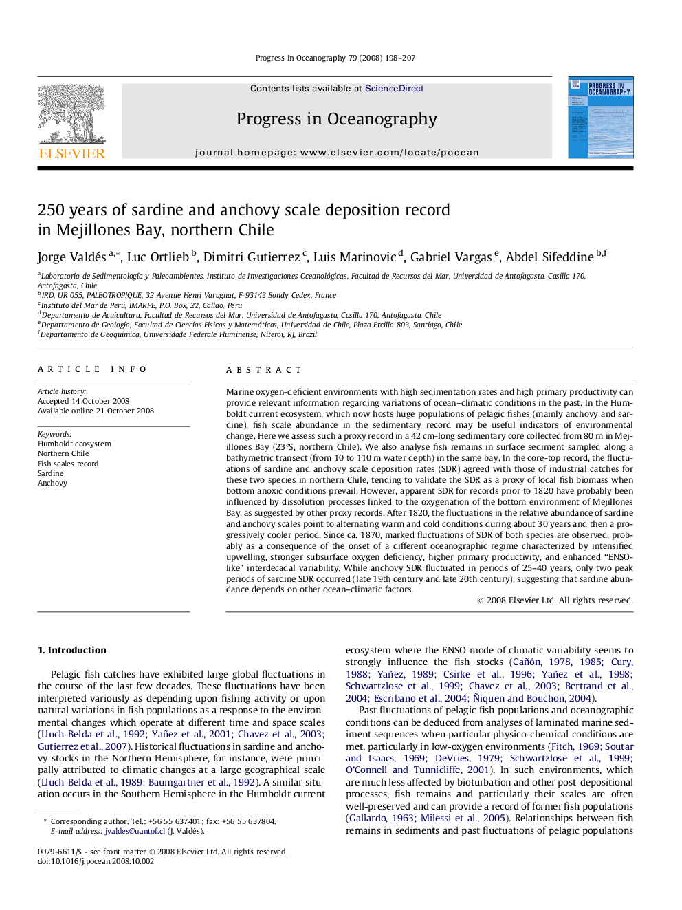 250 years of sardine and anchovy scale deposition record in Mejillones Bay, northern Chile