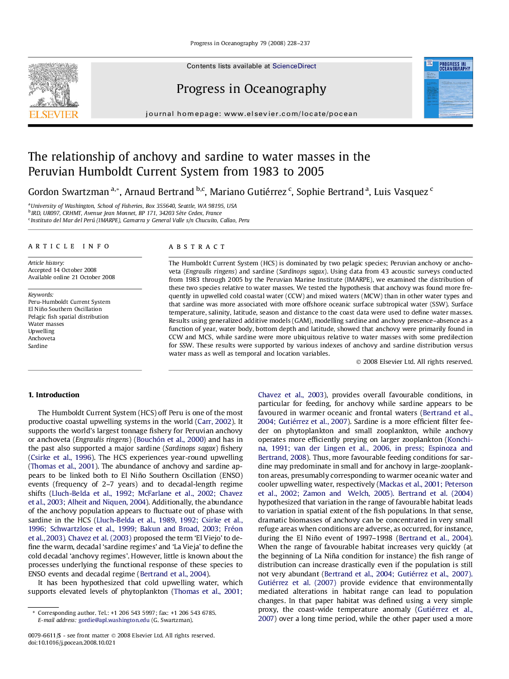 The relationship of anchovy and sardine to water masses in the Peruvian Humboldt Current System from 1983 to 2005