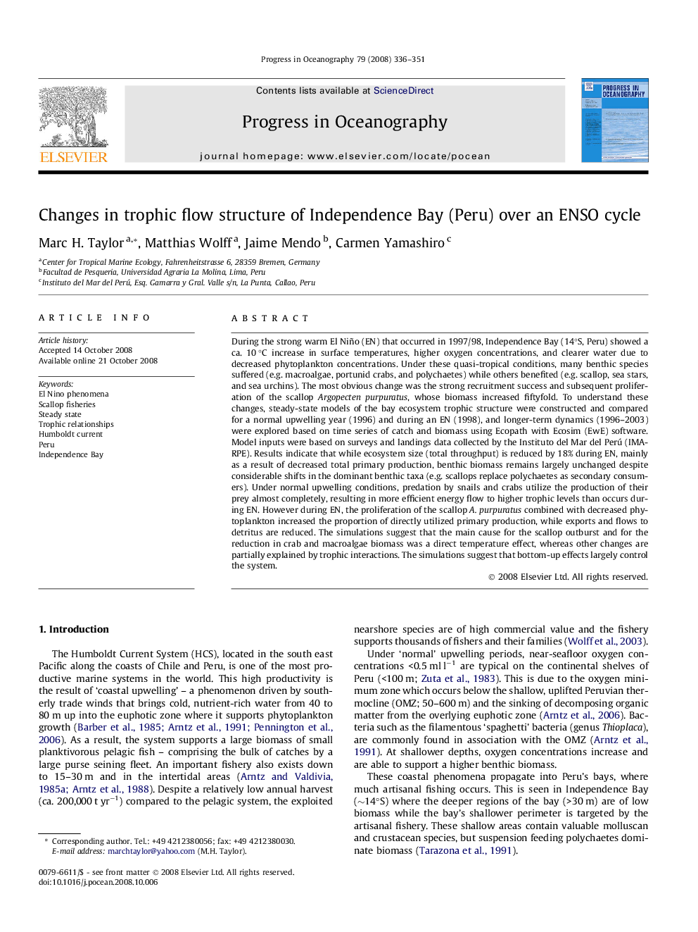 Changes in trophic flow structure of Independence Bay (Peru) over an ENSO cycle