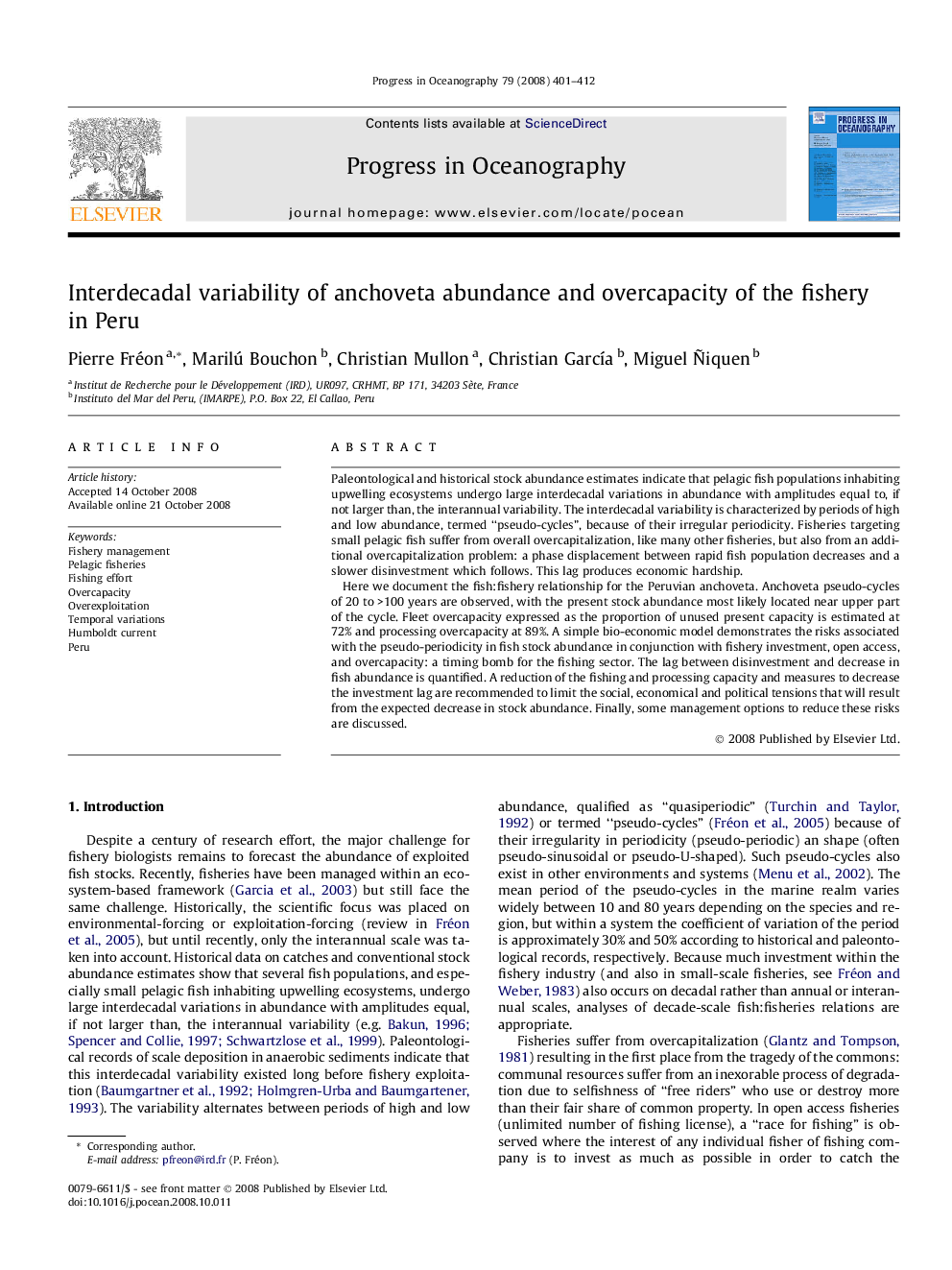 Interdecadal variability of anchoveta abundance and overcapacity of the fishery in Peru