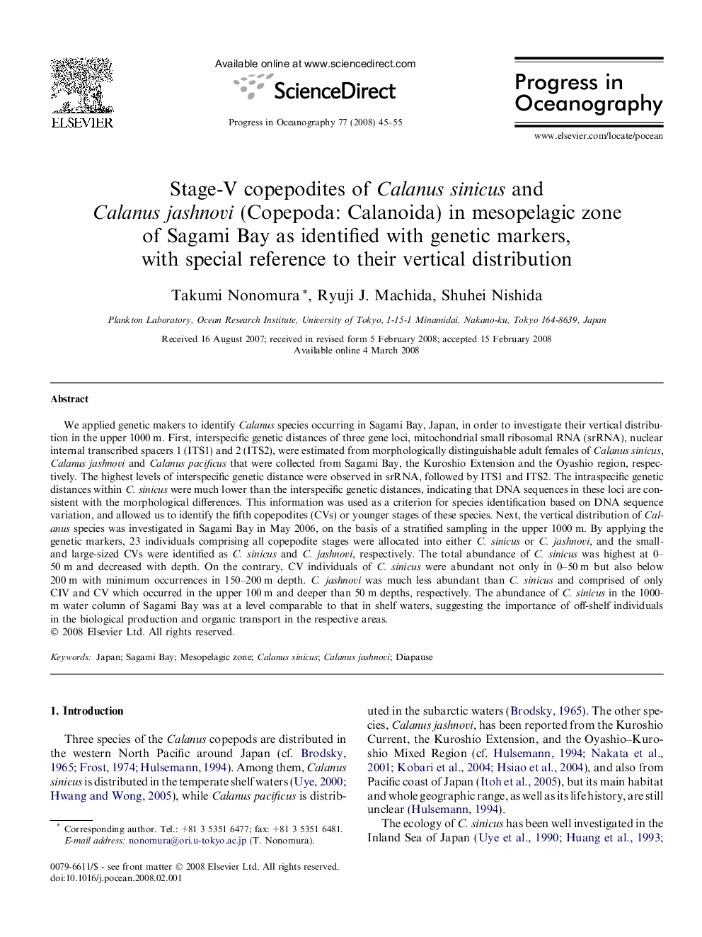 Stage-V copepodites of Calanus sinicus and Calanus jashnovi (Copepoda: Calanoida) in mesopelagic zone of Sagami Bay as identified with genetic markers, with special reference to their vertical distribution