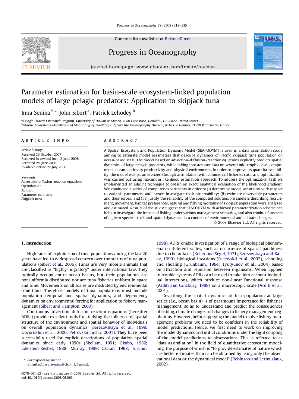 Parameter estimation for basin-scale ecosystem-linked population models of large pelagic predators: Application to skipjack tuna