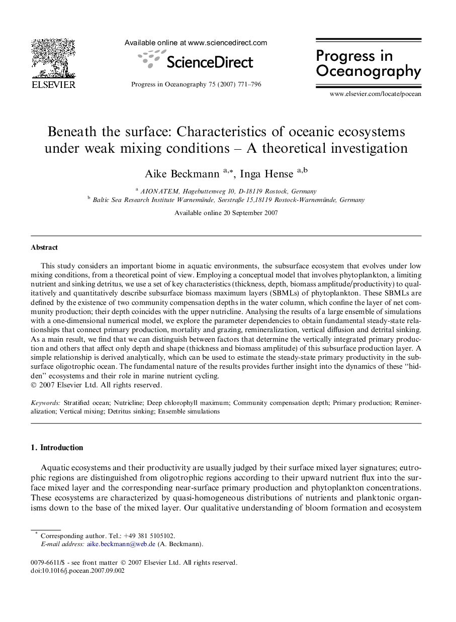 Beneath the surface: Characteristics of oceanic ecosystems under weak mixing conditions - A theoretical investigation