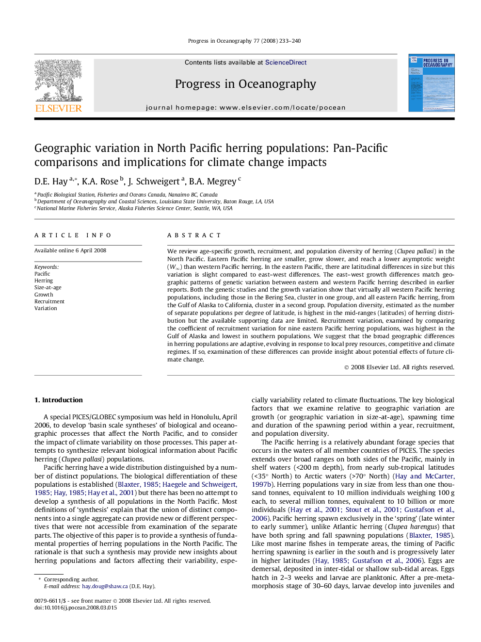 Geographic variation in North Pacific herring populations: Pan-Pacific comparisons and implications for climate change impacts