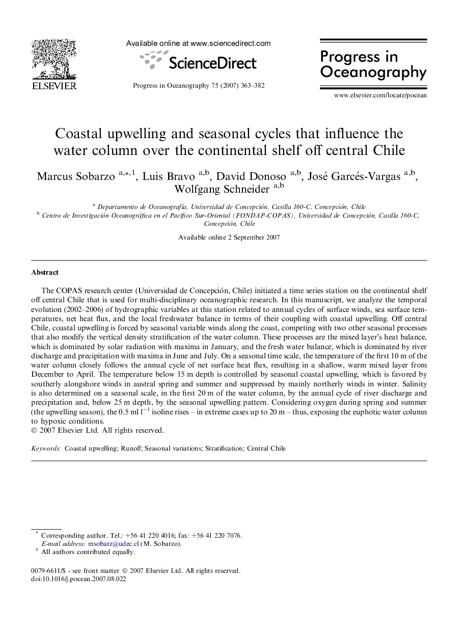 Coastal upwelling and seasonal cycles that influence the water column over the continental shelf off central Chile