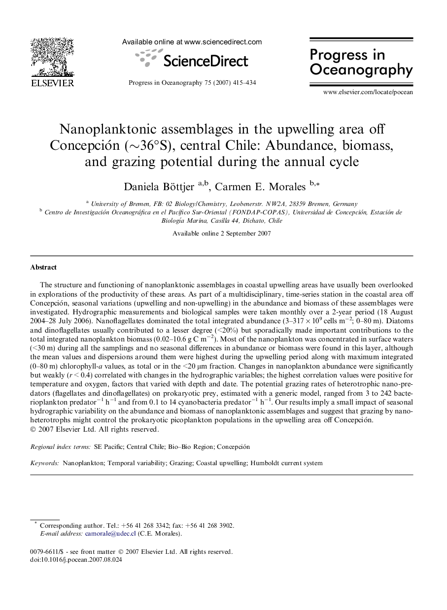 Nanoplanktonic assemblages in the upwelling area off Concepción (∼36°S), central Chile: Abundance, biomass, and grazing potential during the annual cycle