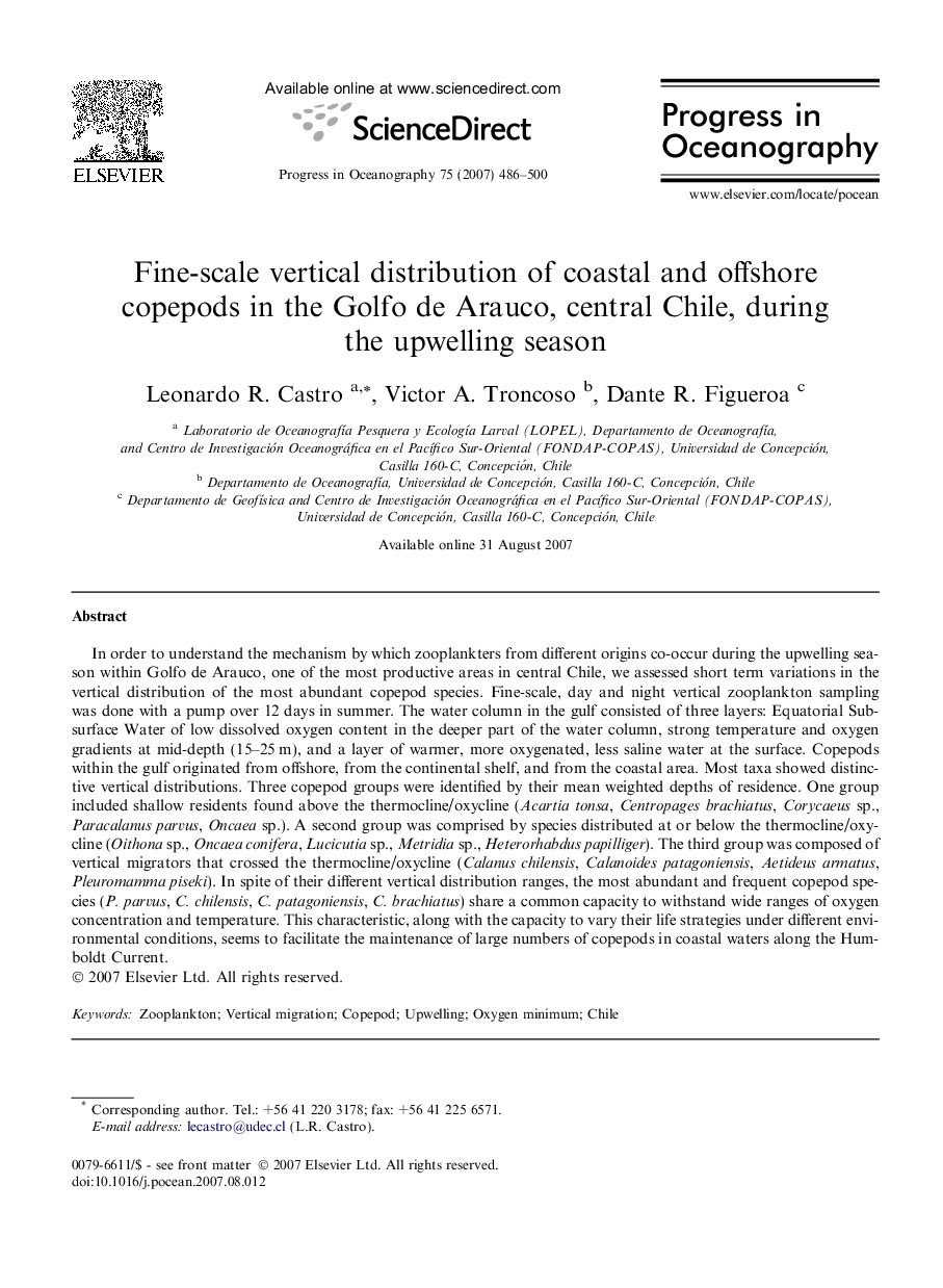 Fine-scale vertical distribution of coastal and offshore copepods in the Golfo de Arauco, central Chile, during the upwelling season