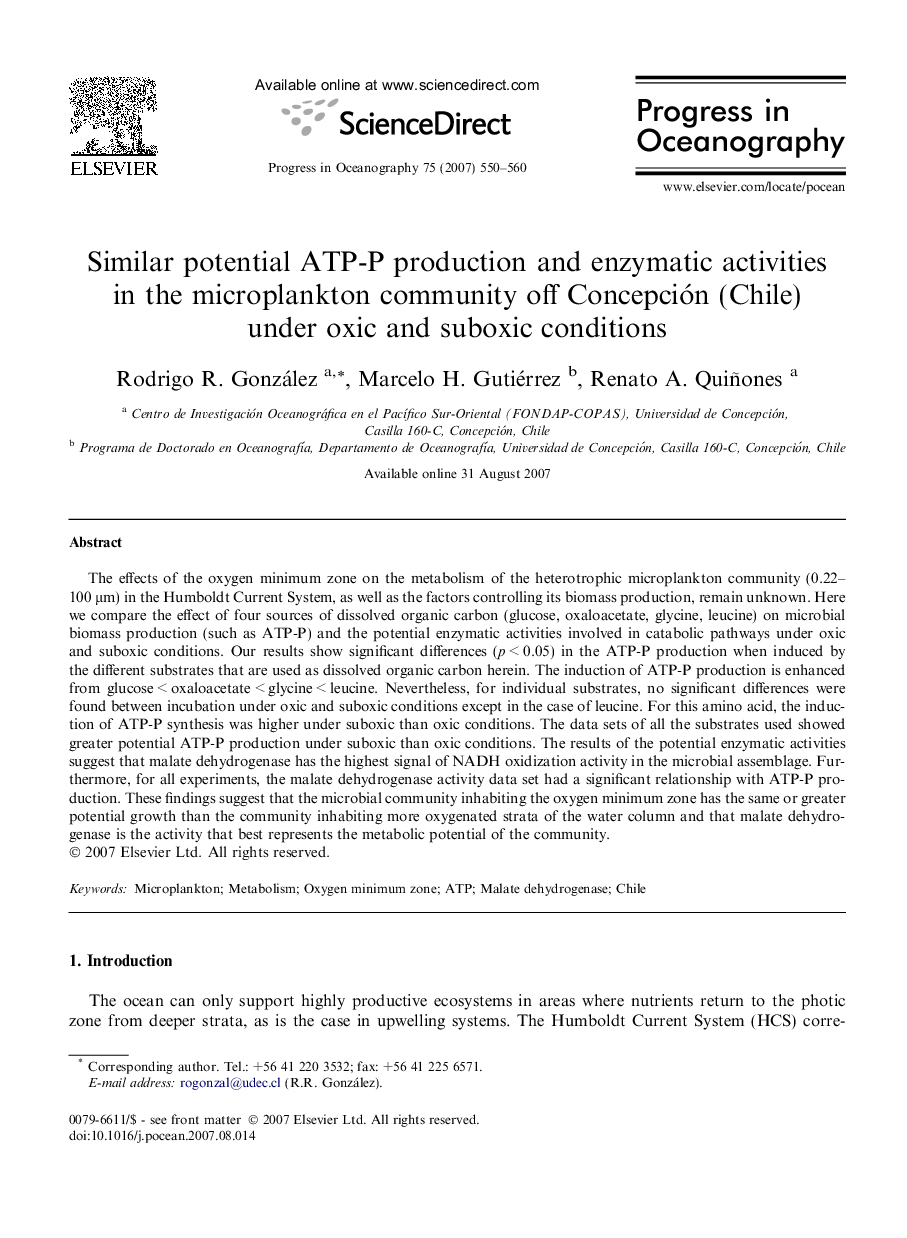 Similar potential ATP-P production and enzymatic activities in the microplankton community off Concepción (Chile) under oxic and suboxic conditions