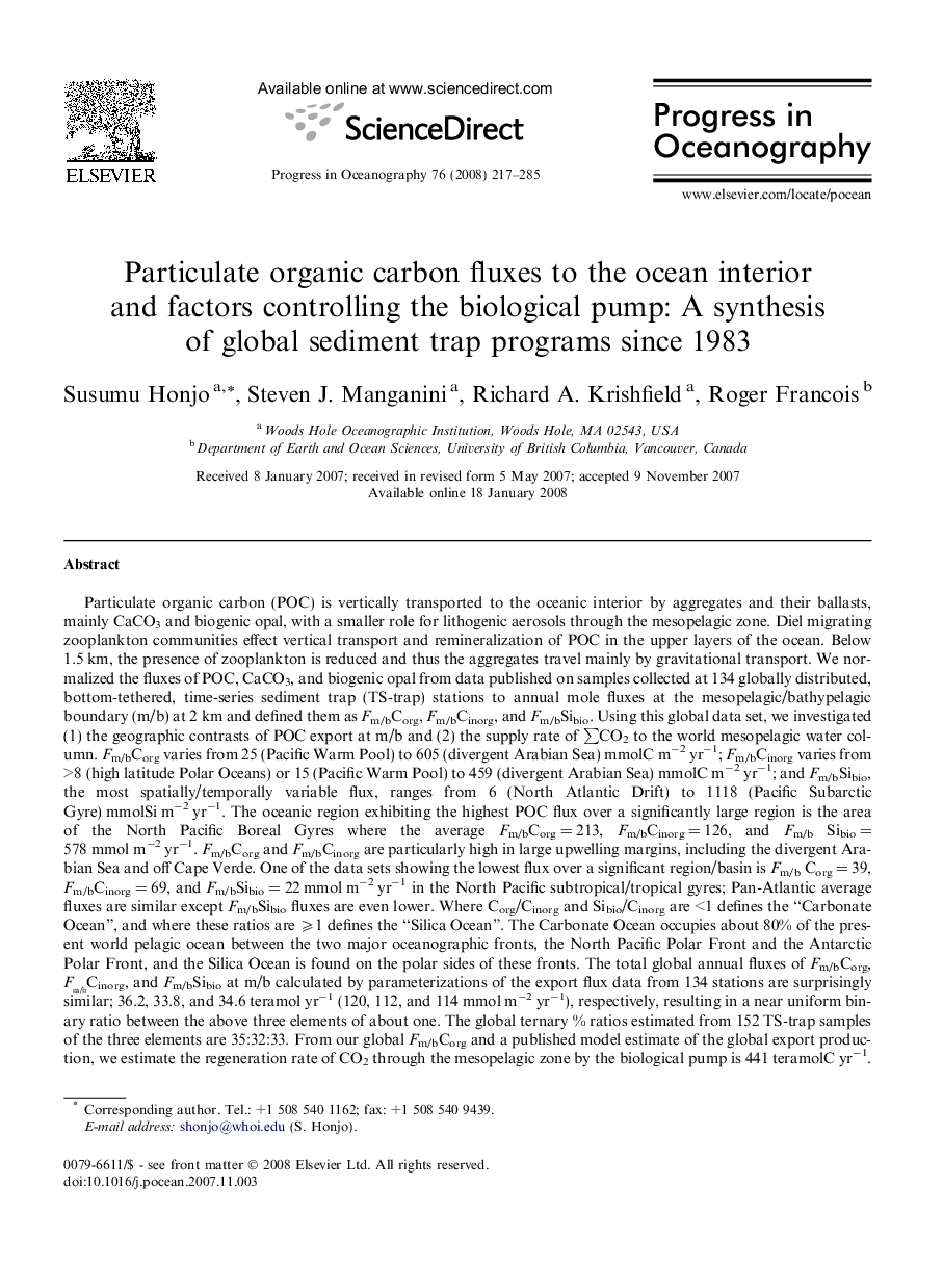 Particulate organic carbon fluxes to the ocean interior and factors controlling the biological pump: A synthesis of global sediment trap programs since 1983