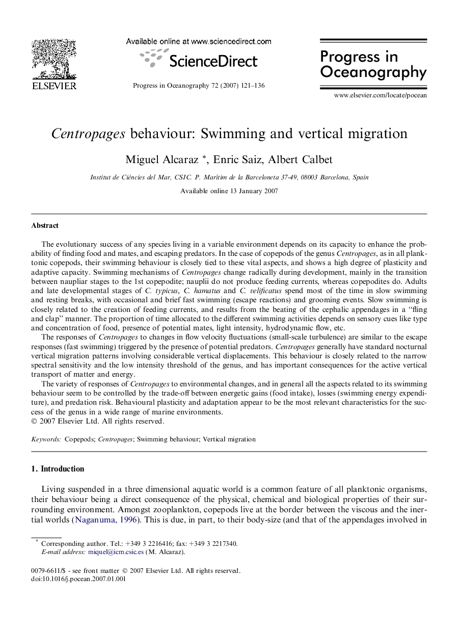 Centropages behaviour: Swimming and vertical migration