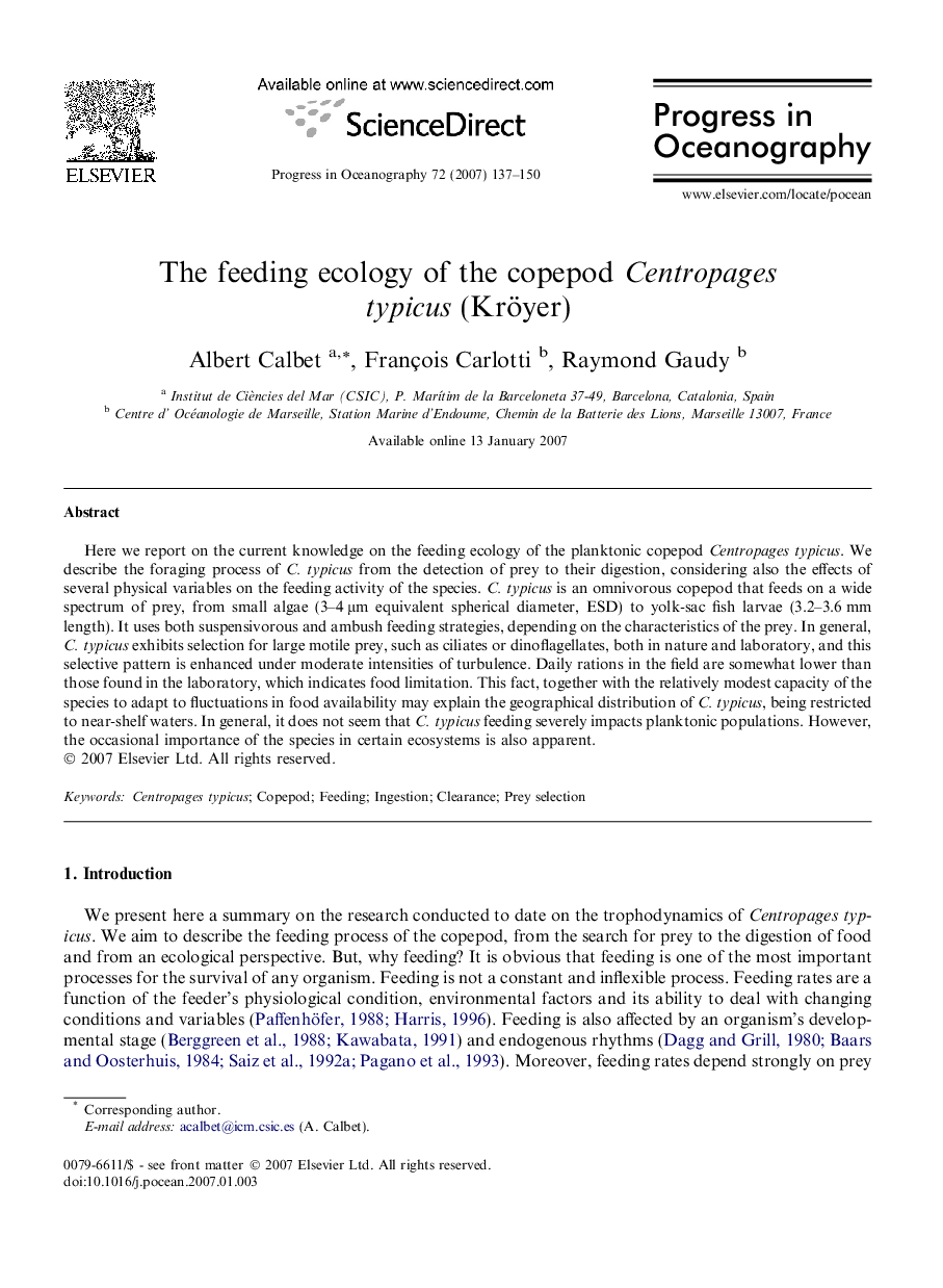 The feeding ecology of the copepod Centropages typicus (Kröyer)