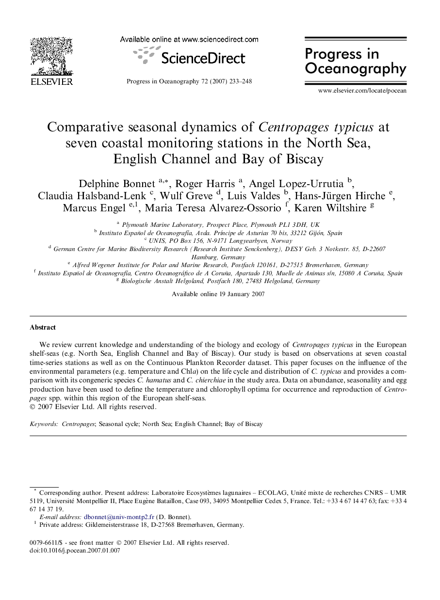 Comparative seasonal dynamics of Centropages typicus at seven coastal monitoring stations in the North Sea, English Channel and Bay of Biscay