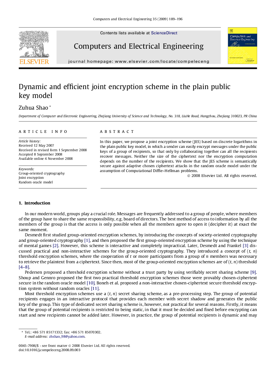 Dynamic and efficient joint encryption scheme in the plain public key model