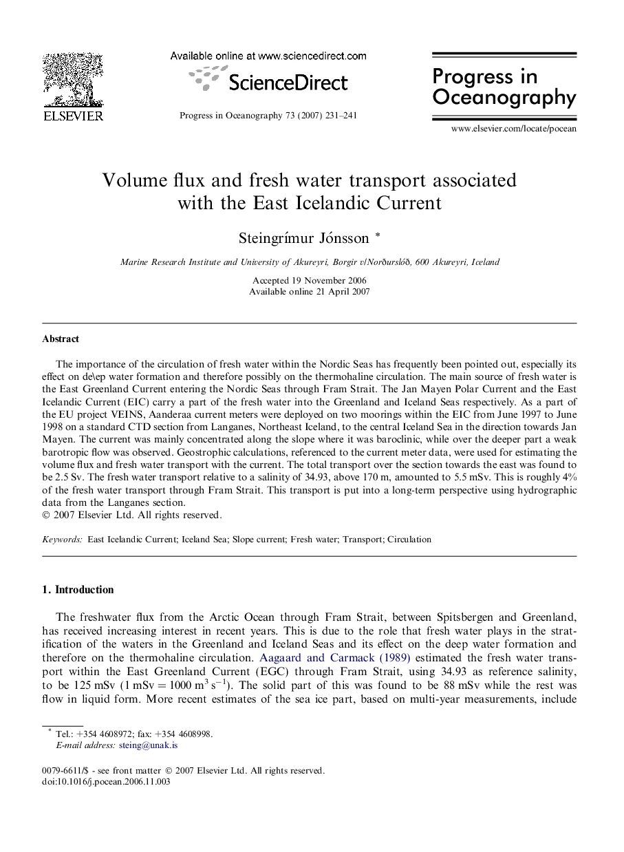 Volume flux and fresh water transport associated with the East Icelandic Current