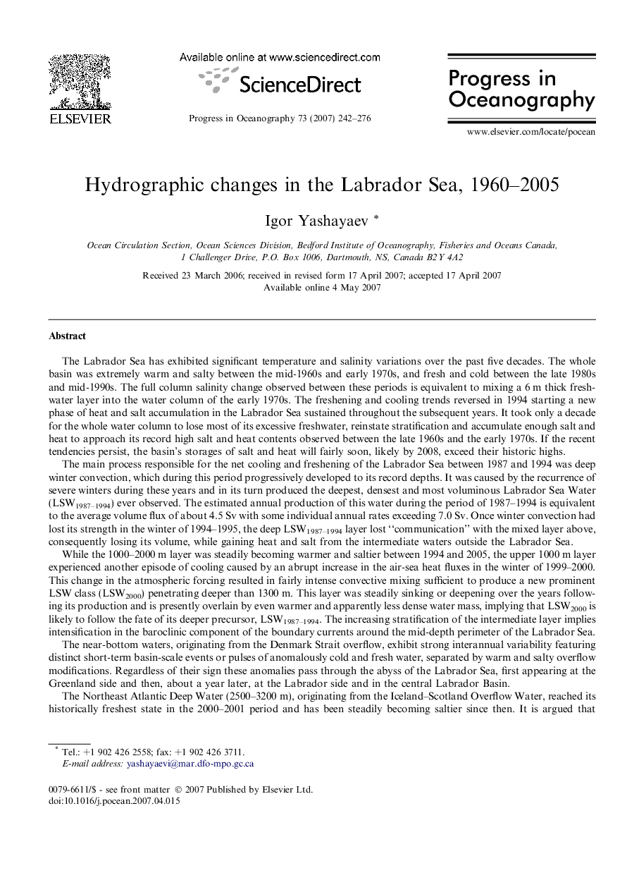 Hydrographic changes in the Labrador Sea, 1960–2005