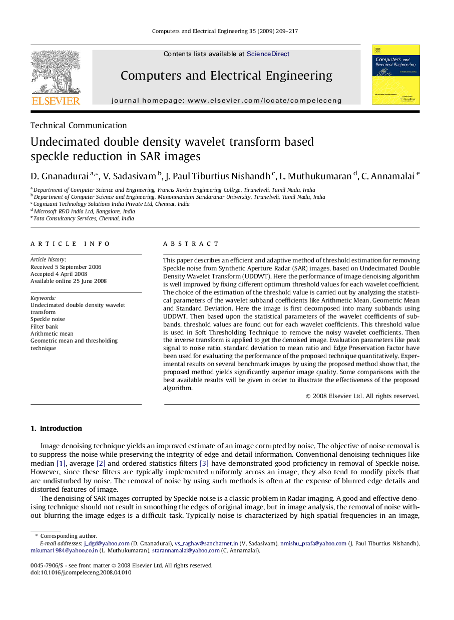 Undecimated double density wavelet transform based speckle reduction in SAR images