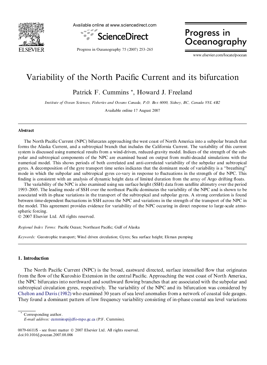Variability of the North Pacific Current and its bifurcation