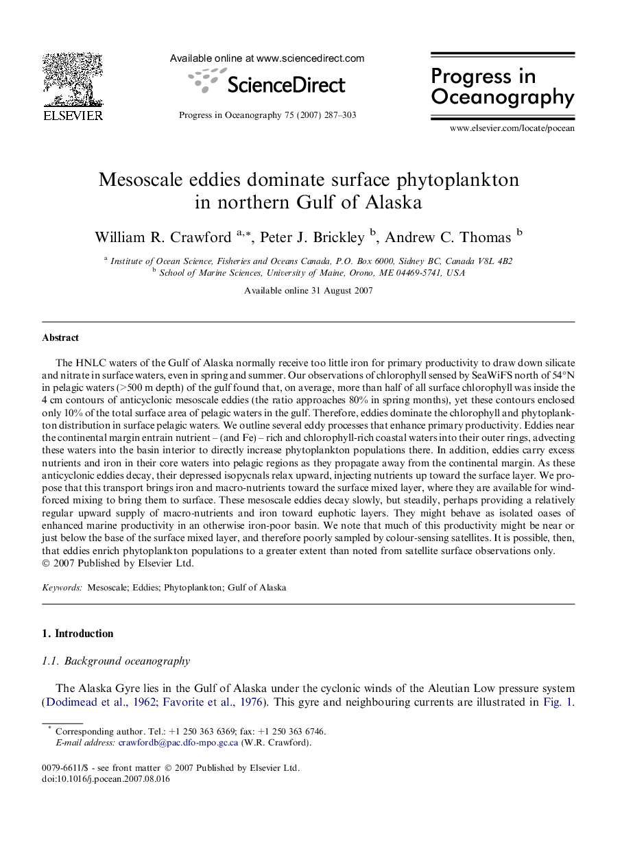 Mesoscale eddies dominate surface phytoplankton in northern Gulf of Alaska