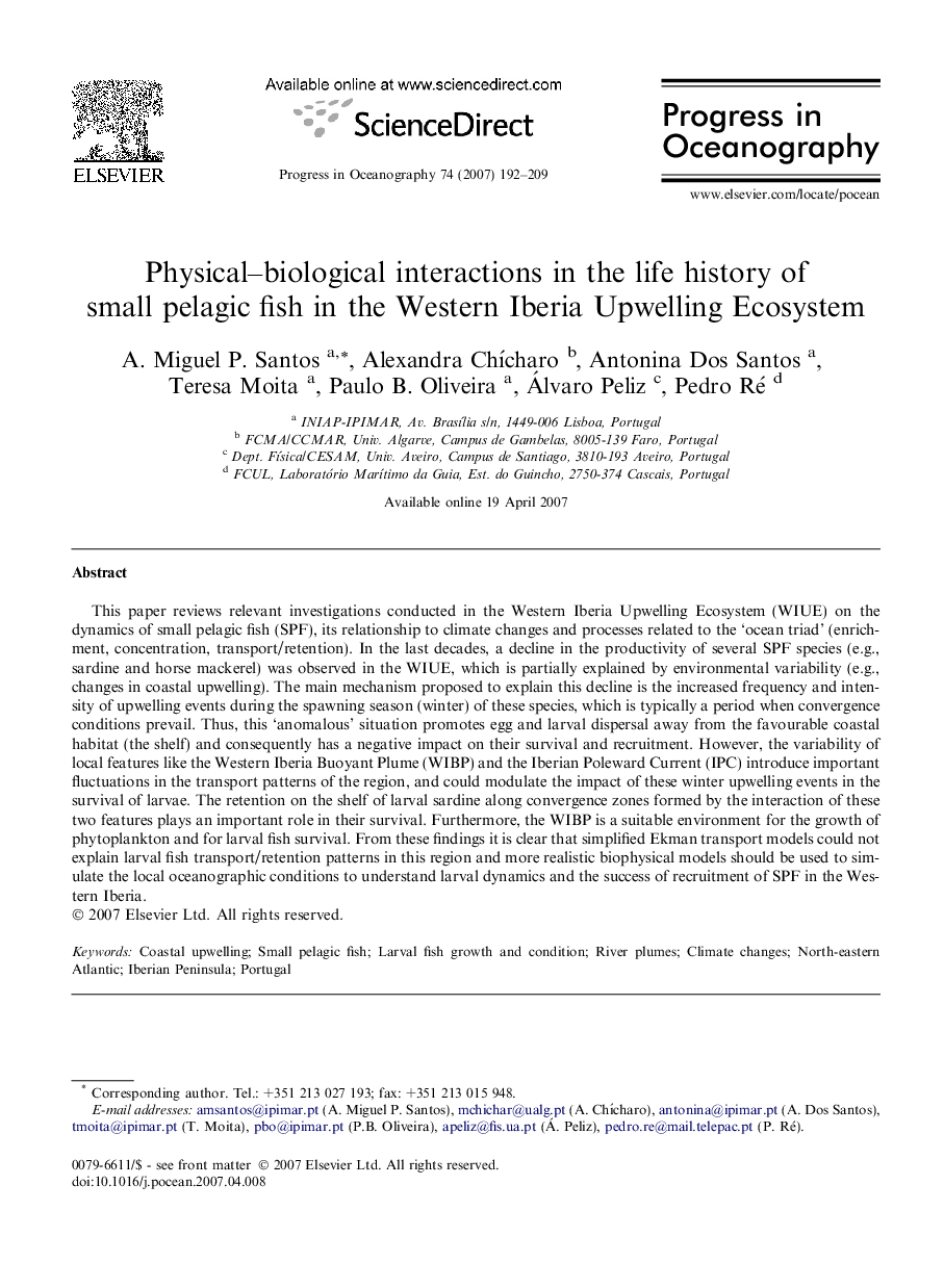 Physical-biological interactions in the life history of small pelagic fish in the Western Iberia Upwelling Ecosystem