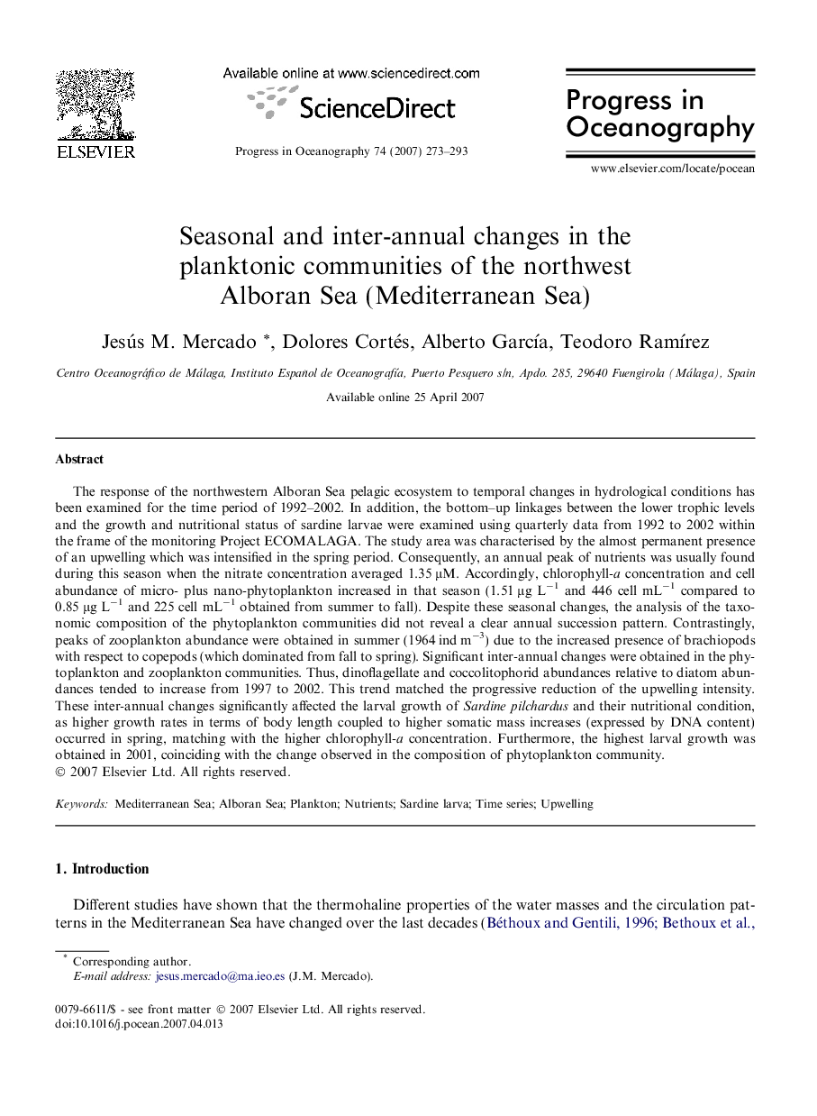 Seasonal and inter-annual changes in the planktonic communities of the northwest Alboran Sea (Mediterranean Sea)