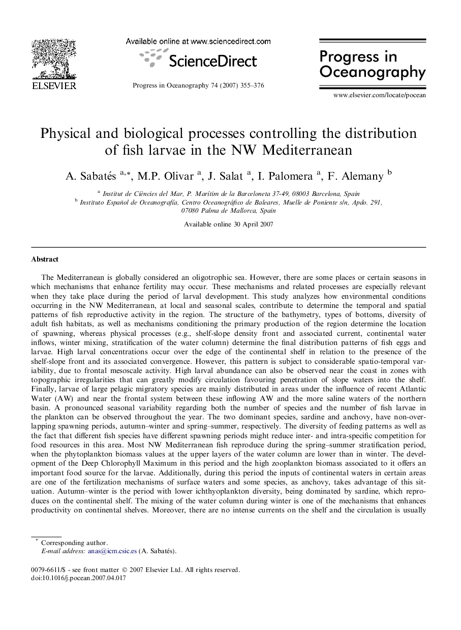 Physical and biological processes controlling the distribution of fish larvae in the NW Mediterranean