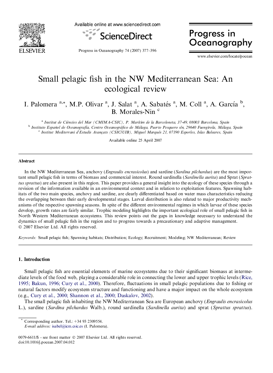 Small pelagic fish in the NW Mediterranean Sea: An ecological review