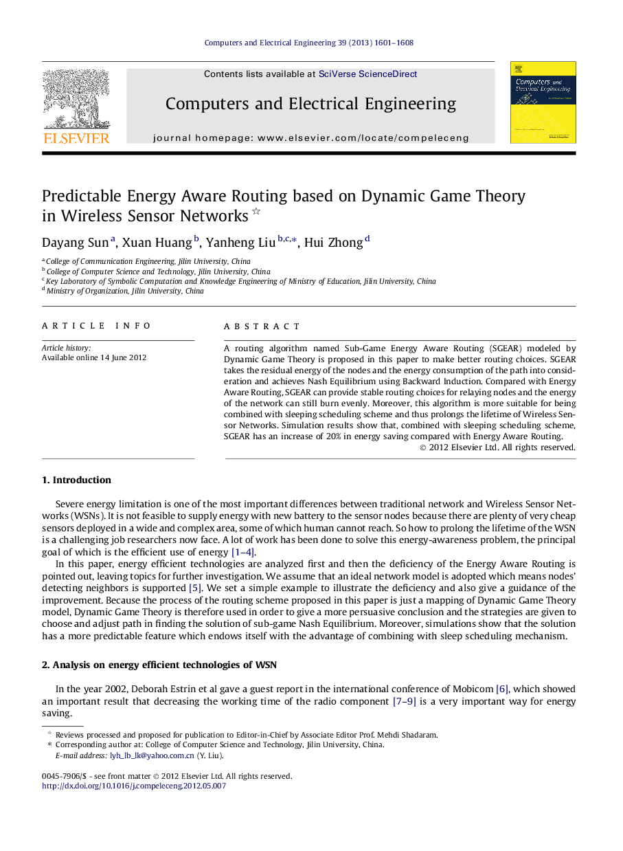 Predictable Energy Aware Routing based on Dynamic Game Theory in Wireless Sensor Networks 