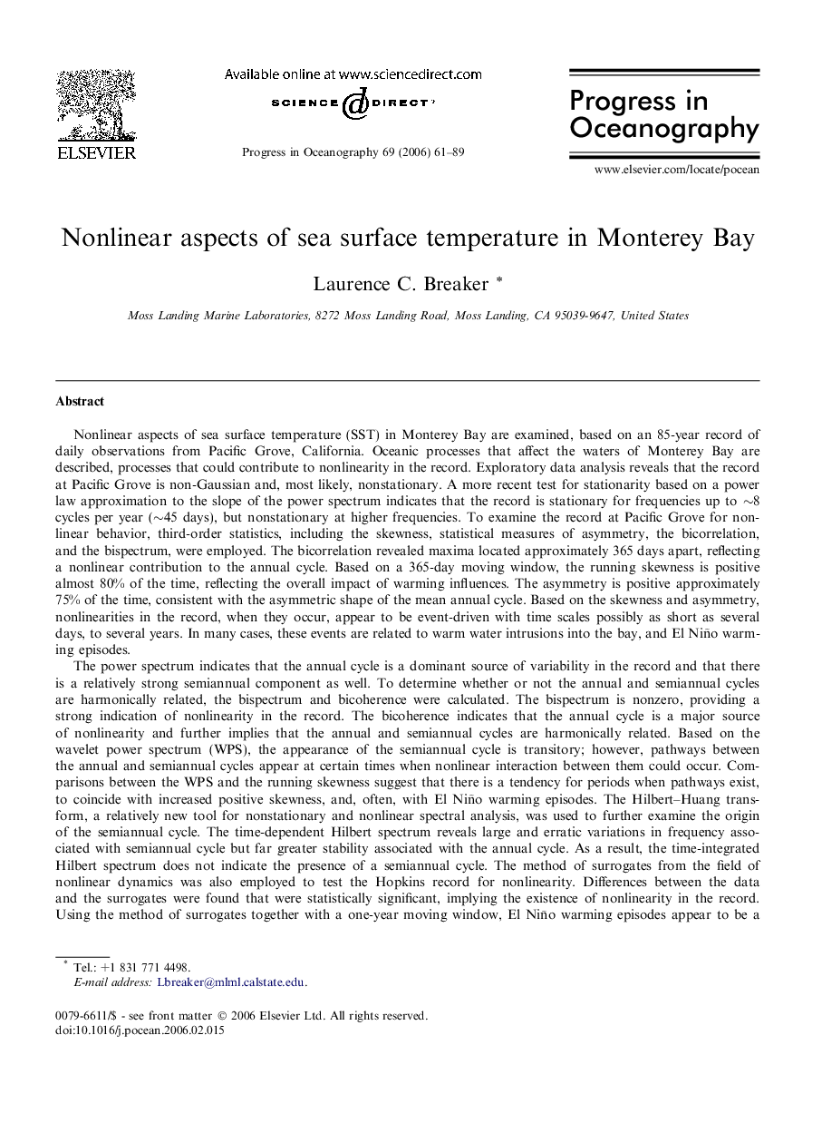 Nonlinear aspects of sea surface temperature in Monterey Bay