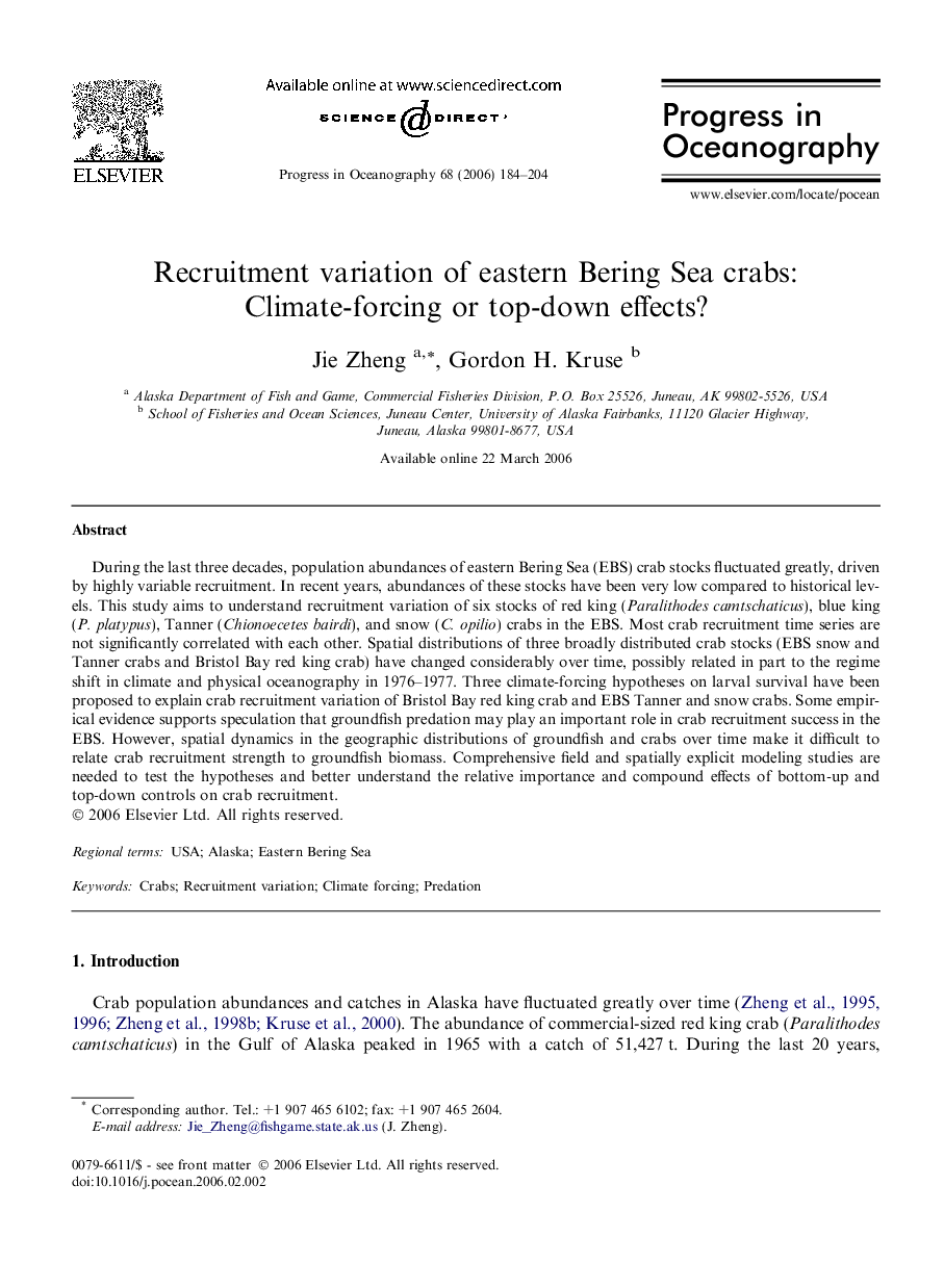 Recruitment variation of eastern Bering Sea crabs: Climate-forcing or top-down effects?