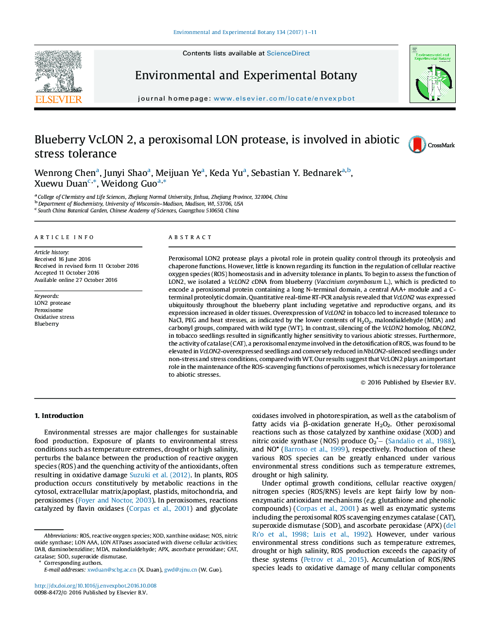 Blueberry VcLON 2, a peroxisomal LON protease, is involved in abiotic stress tolerance