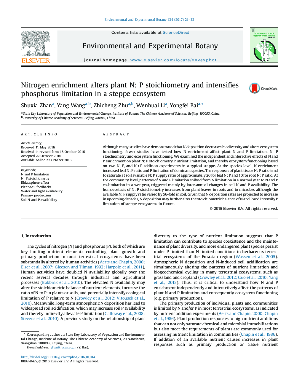 Nitrogen enrichment alters plant N: P stoichiometry and intensifies phosphorus limitation in a steppe ecosystem